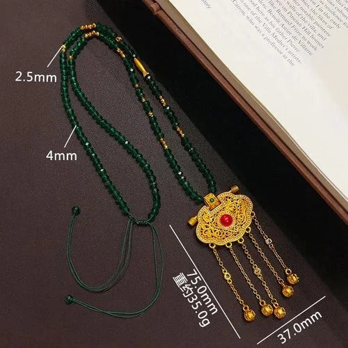 Gold Plated Enamel Dragon Phoenix Tassel Pendant Green Spinel Necklace 07FC0E-D4 - KOEEK [5]