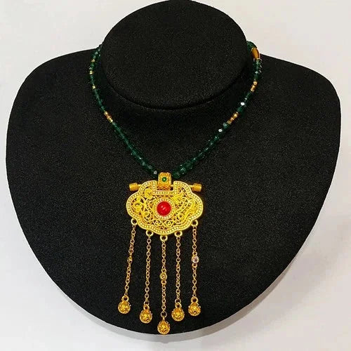 Gold Plated Enamel Dragon Phoenix Tassel Pendant Green Spinel Necklace 07FC0E-D4 - KOEEK [6]