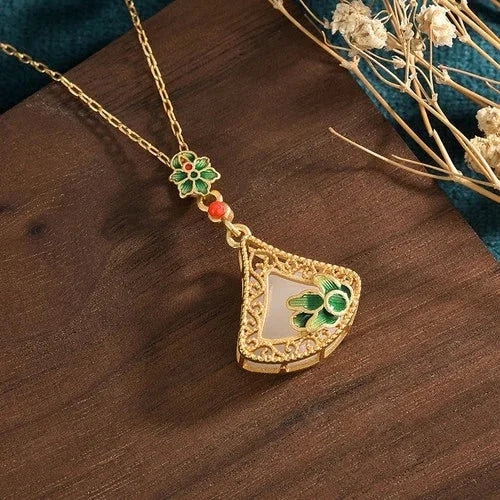Gold Plated Fan Shape Imitation Hetian Jade Necklace Vintage Style Gift 07FC0E-D4 - KOEEK [2]