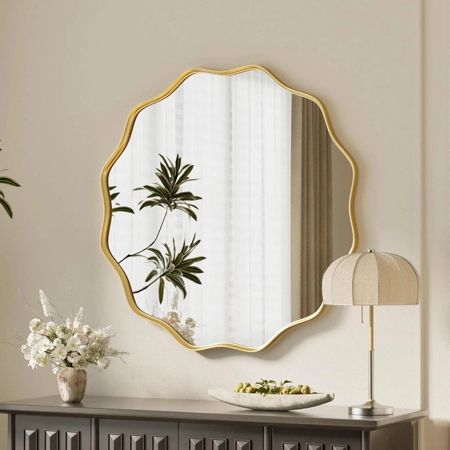 Gold Scalloped Circle Mirror,20" Wavy Edge Round Wall Mirror with Tempered Glass 07FC0E-D4 - KOEEK [1]
