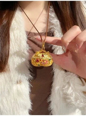 Gold Tone Inlay Pendant Necklace Chinese Filigree Ruyi Enamel Lotus Lock Jewelry 07FC0E-D4 - KOEEK [10]