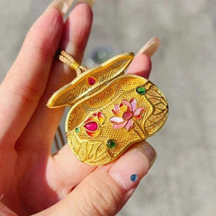 Gold Tone Inlay Pendant Necklace Chinese Filigree Ruyi Enamel Lotus Lock Jewelry 07FC0E-D4 - KOEEK [3]