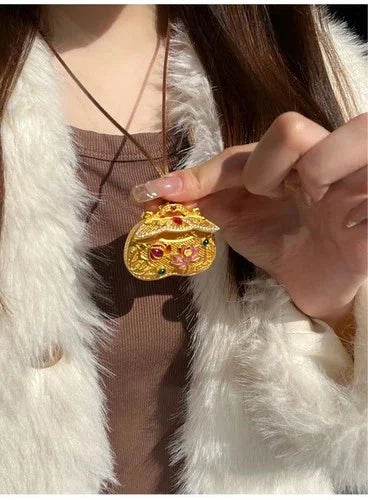 Gold Tone Inlay Pendant Necklace Chinese Filigree Ruyi Enamel Lotus Lock Jewelry 07FC0E-D4 - KOEEK [9]