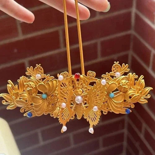 Golden Butterfly Tassel Hairpin Hanfu Headdress Traditional Bridal Hair Jewelry 07FC0E-D4 - KOEEK [4]