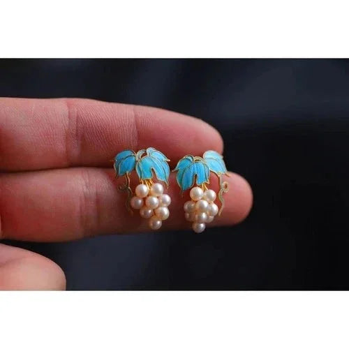Grape Pearl Stud Earrings Filigree Cloisonné Chinese Style Handmade Jewelry 07FC0E-D4 - KOEEK [1]