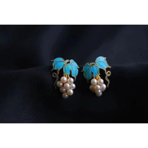 Grape Pearl Stud Earrings Filigree Cloisonné Chinese Style Handmade Jewelry 07FC0E-D4 - KOEEK [2]