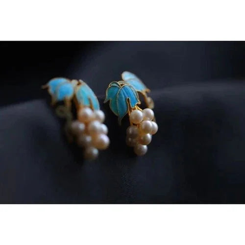 Grape Pearl Stud Earrings Filigree Cloisonné Chinese Style Handmade Jewelry 07FC0E-D4 - KOEEK [4]