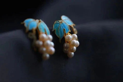 Grape Pearl Stud Earrings Filigree Cloisonné Chinese Style Handmade Jewelry 07FC0E-D4 - KOEEK [6]