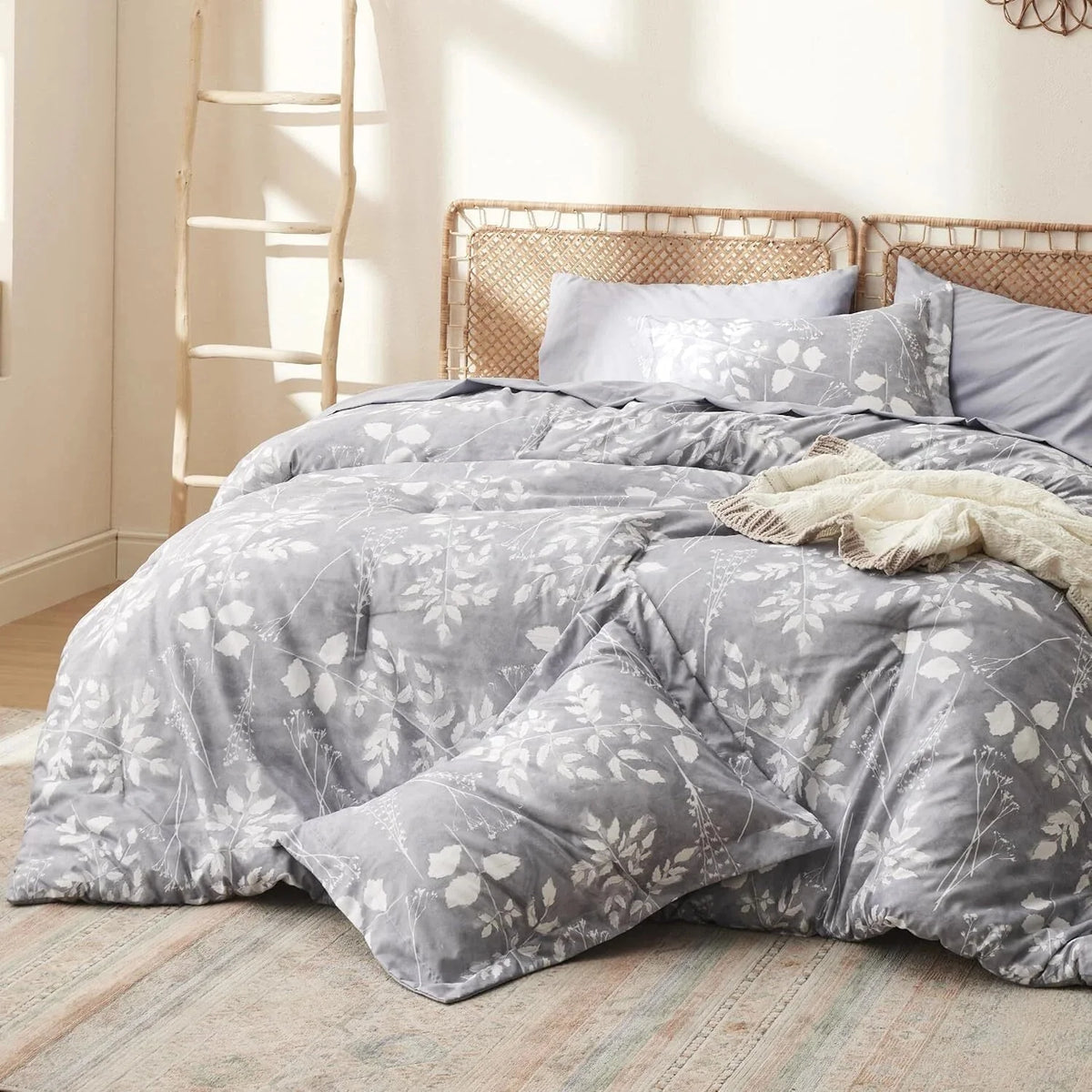 Gray Queen Comforter Set - 7 Piece Floral Bedding Set Queen Pocket Bed 07FC0E-D4 - KOEEK [1]