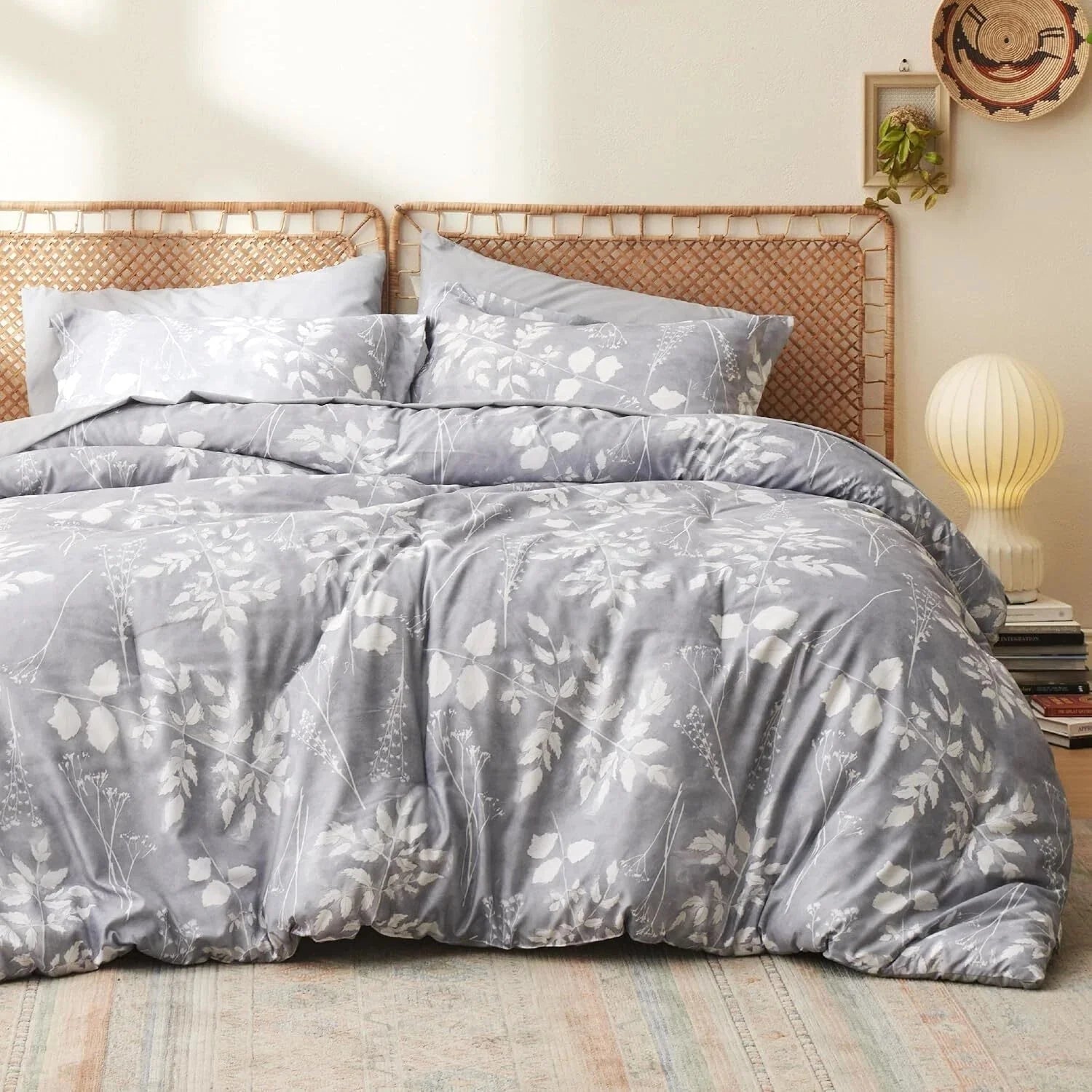 Gray Queen Comforter Set - 7 Piece Floral Bedding Set Queen Pocket Bed 07FC0E-D4 - KOEEK [2]