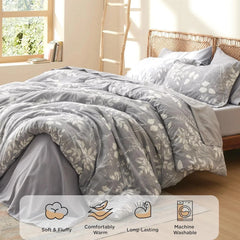 Gray Queen Comforter Set - 7 Piece Floral Bedding Set Queen Pocket Bed 07FC0E-D4 - KOEEK [3]
