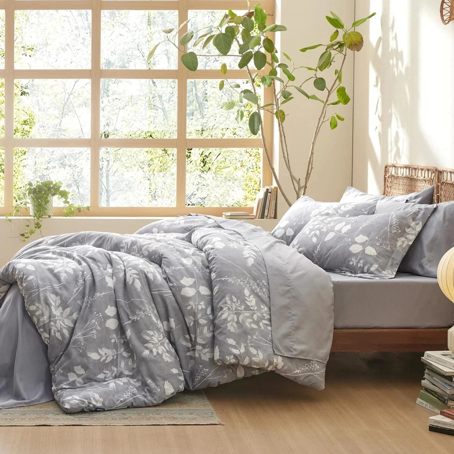 Gray Queen Comforter Set - 7 Piece Floral Bedding Set Queen Pocket Bed 07FC0E-D4 - KOEEK [6]