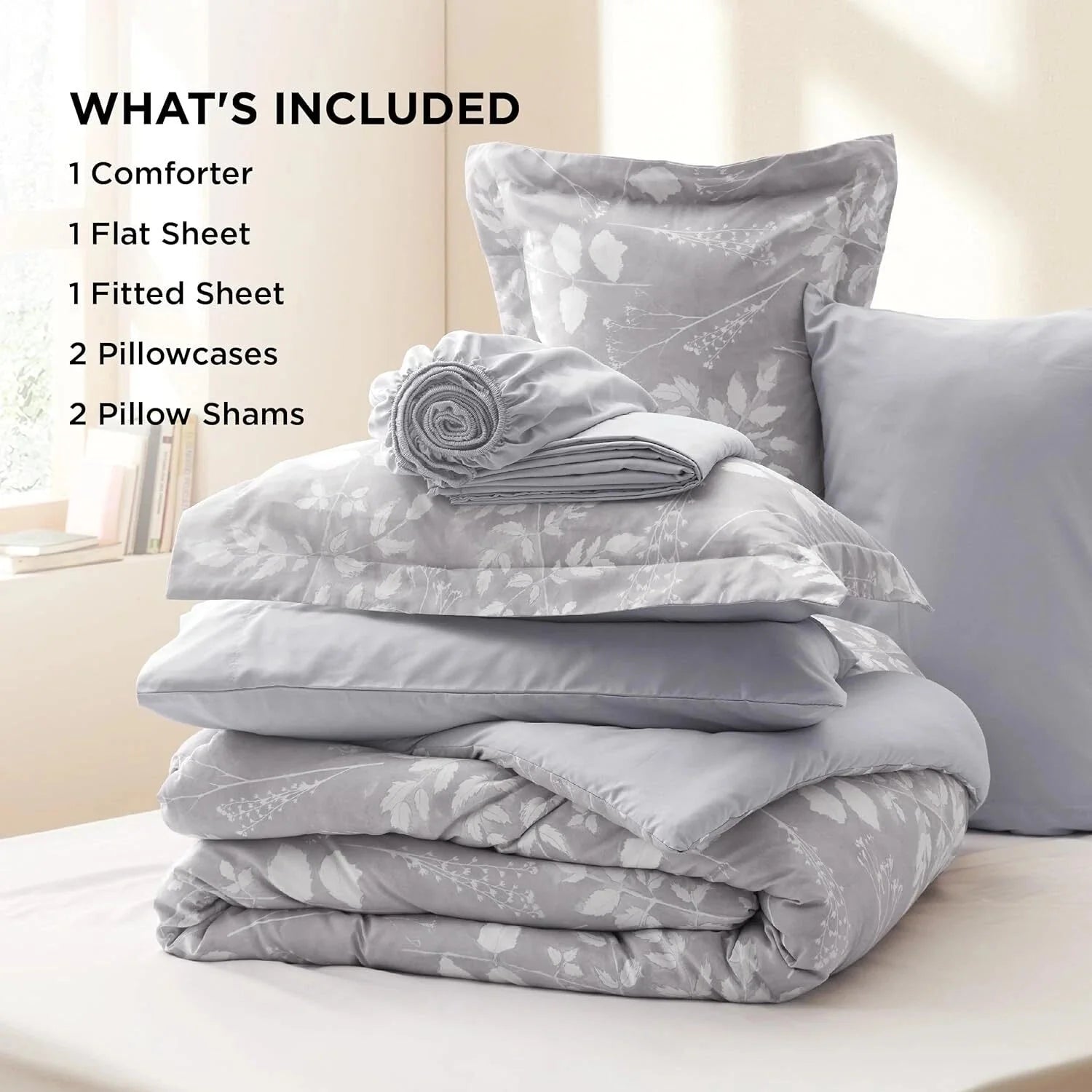 Gray Queen Comforter Set - 7 Piece Floral Bedding Set Queen Pocket Bed 07FC0E-D4 - KOEEK [7]