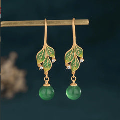 Green Jade Drop Dangle Earrings Boho Gemstone Leaf Design Hook 18K Gold Plated 07FC0E-D4 - KOEEK [1]