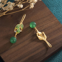 Green Jade Drop Dangle Earrings Boho Gemstone Leaf Design Hook 18K Gold Plated 07FC0E-D4 - KOEEK [2]