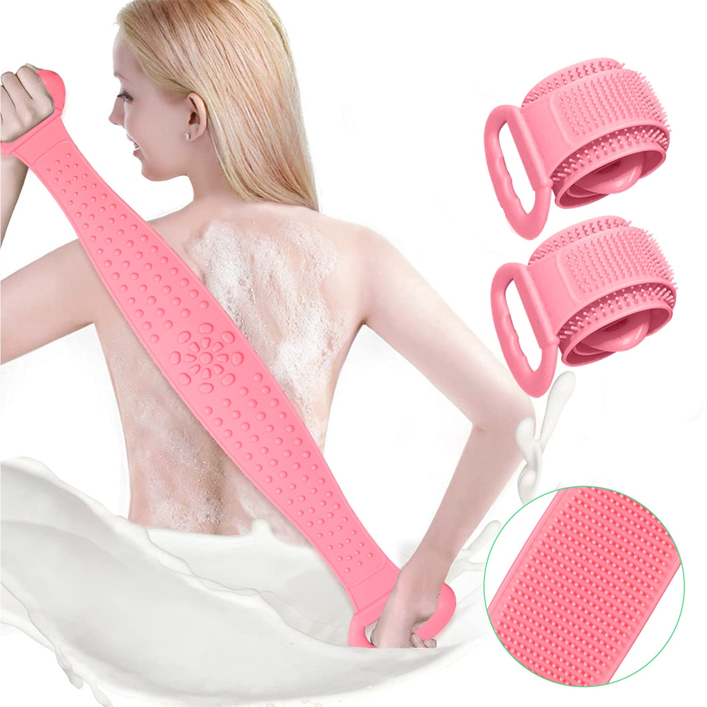 Silicone Bath Towel Rub Body Brush Shower Pull Back Strip Scrubber Exfoliating