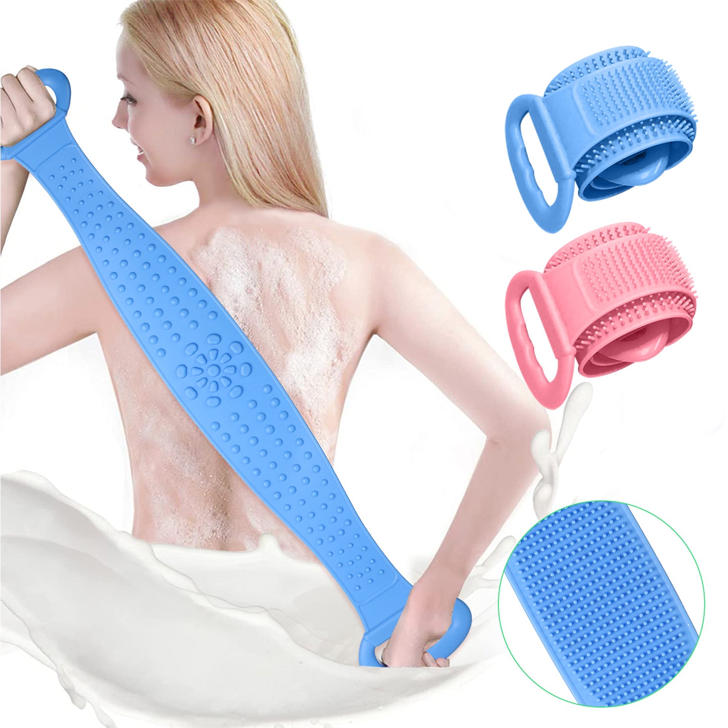 Silicone Bath Towel Rub Body Brush Shower Pull Back Strip Scrubber Exfoliating