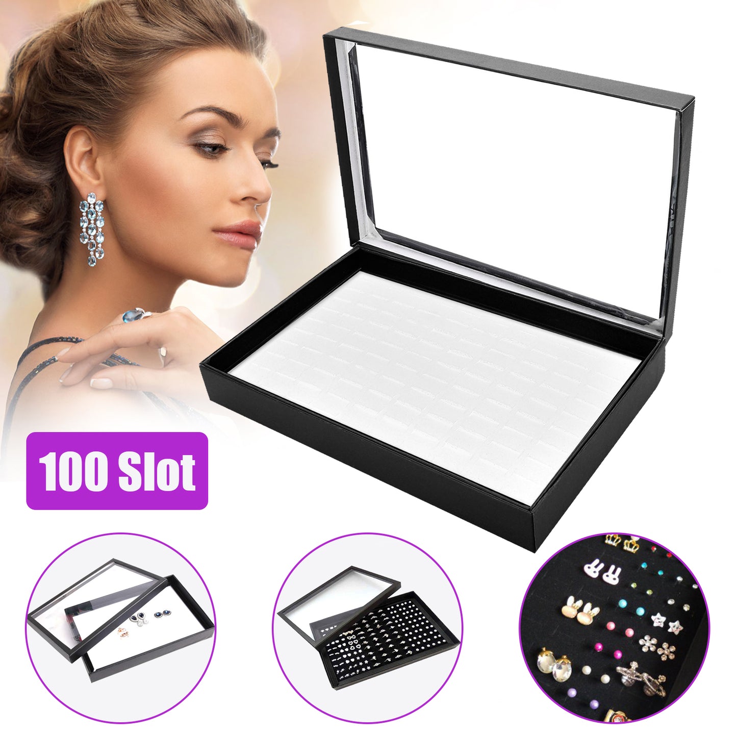 100 Slots Jewelry Ring Display Organizer Case Tray Holder Earring Storage Box