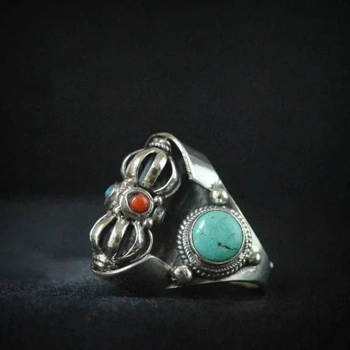 Handmade Nepali Tibetan Turquoise Ring Rotatable Vintage Adjustable 07FC0E-D4 - KOEEK [1]