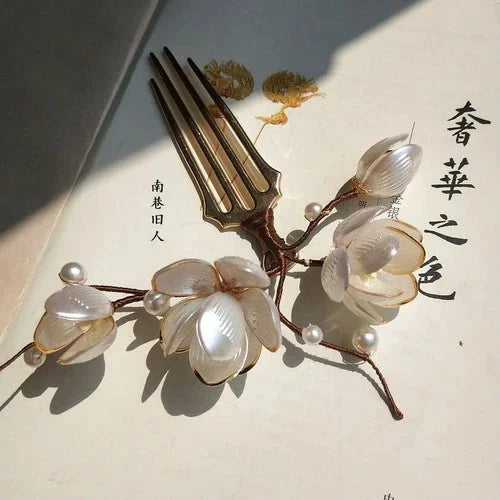 Handmade White Jade Hairpin Magnolia Flower Chinese Style Hanfu Jewelry 07FC0E-D4 - KOEEK [2]