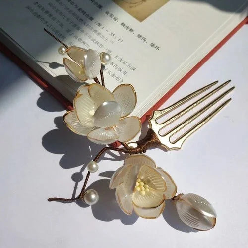 Handmade White Jade Hairpin Magnolia Flower Chinese Style Hanfu Jewelry 07FC0E-D4 - KOEEK [4]
