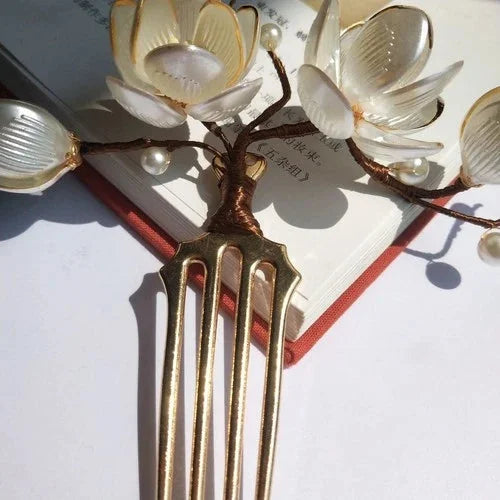 Handmade White Jade Hairpin Magnolia Flower Chinese Style Hanfu Jewelry 07FC0E-D4 - KOEEK [8]