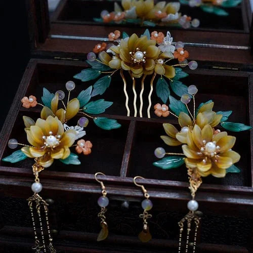 Hanfu Headpiece Set Glass Tassel Hairpin Ancient Style Hair Jewelry 07FC0E-D4 - KOEEK [1]