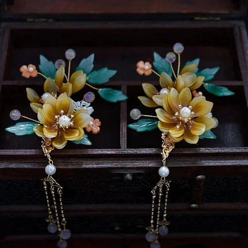 Hanfu Headpiece Set Glass Tassel Hairpin Ancient Style Hair Jewelry 07FC0E-D4 - KOEEK [4]