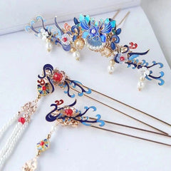 Hanfu Headpiece Set Tassel Hair Pins Chinese Vintage Costume Hair Accessory 07FC0E-D4 - KOEEK [1]