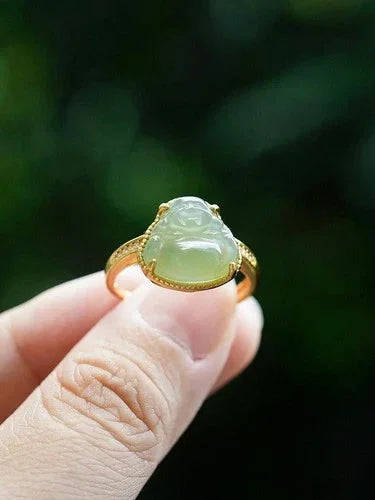 Hetian Jade Ring Female Laughing Buddha Carved Stone Adjustable Jewelry 07FC0E-D4 - KOEEK [2]