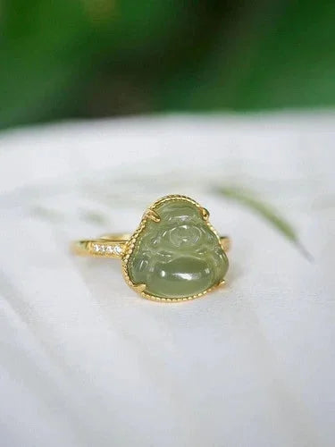 Hetian Jade Ring Female Laughing Buddha Carved Stone Adjustable Jewelry 07FC0E-D4 - KOEEK [5]