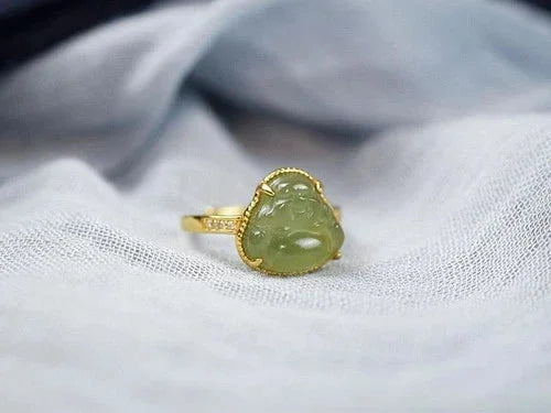 Hetian Jade Ring Female Laughing Buddha Carved Stone Adjustable Jewelry 07FC0E-D4 - KOEEK [7]