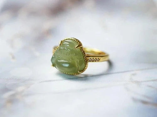 Hetian Jade Ring Female Laughing Buddha Carved Stone Adjustable Jewelry 07FC0E-D4 - KOEEK [8]