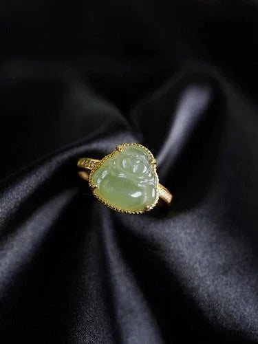 Hetian Jade Ring Female Laughing Buddha Carved Stone Adjustable Jewelry 07FC0E-D4 - KOEEK [9]