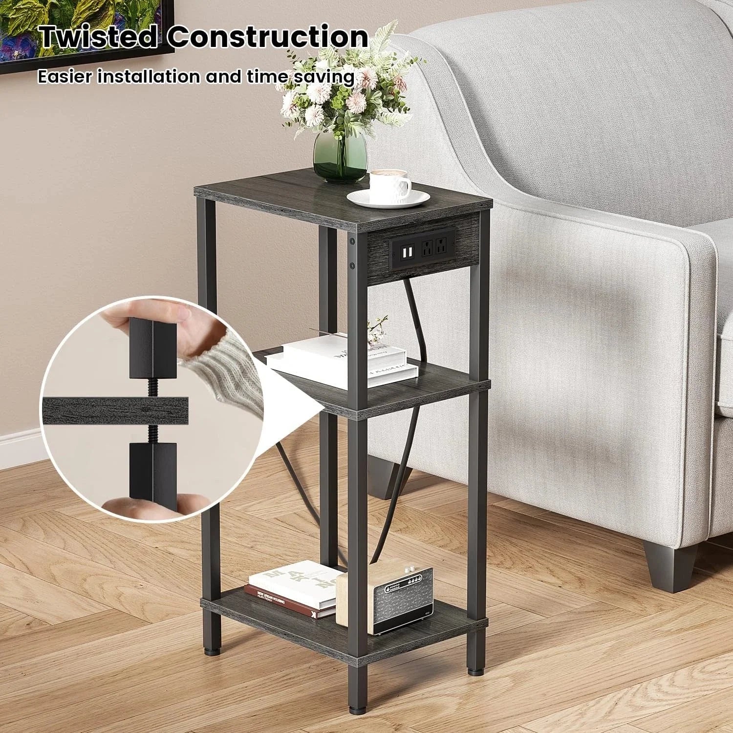High-leg bedside table with charging station, three-tier small side table 07FC0E-D4 - KOEEK [5]