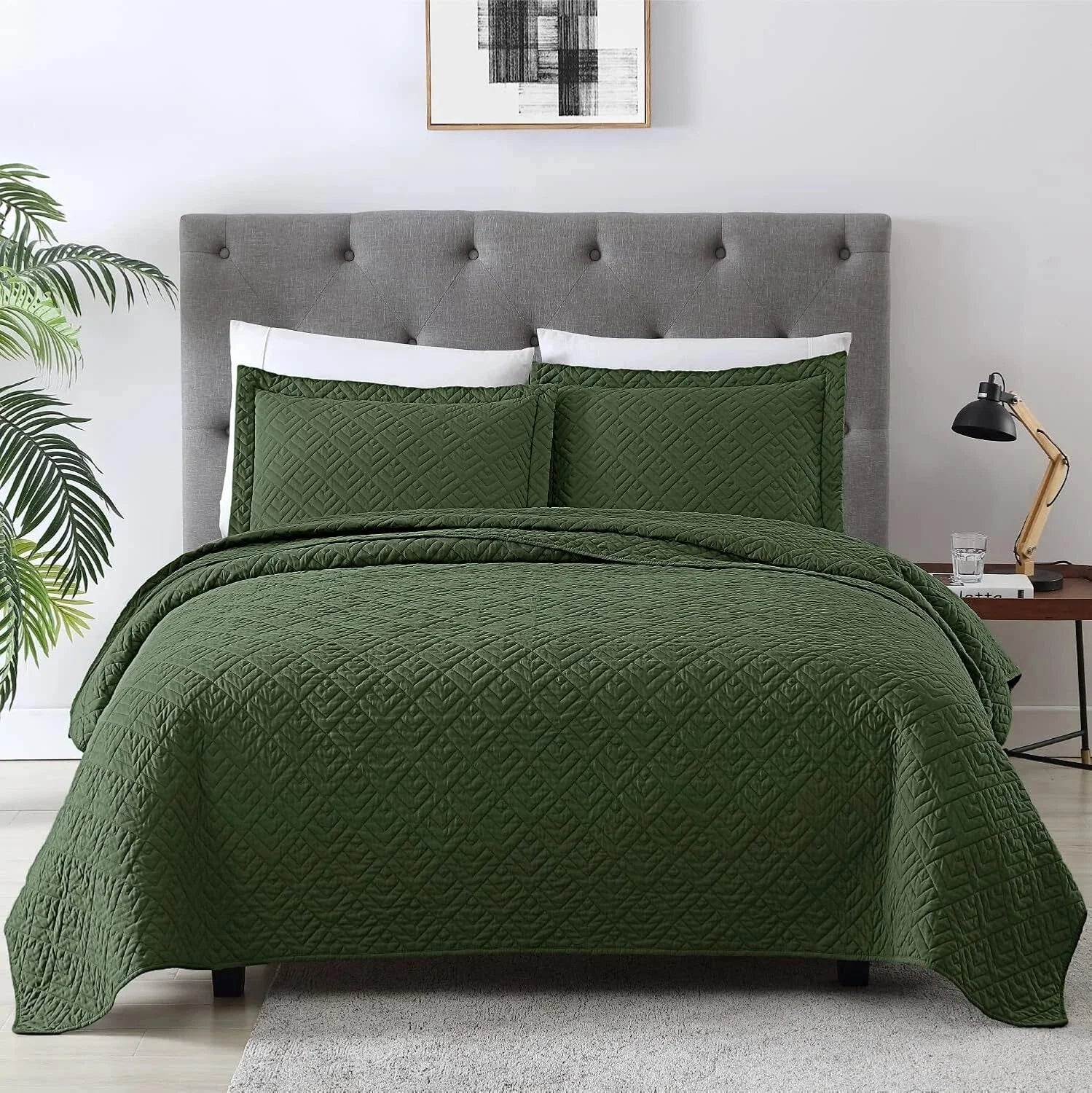Home Quilt Set Full Queen Size Olive Green 3 Piece,Lightweight Soft Coverlet 07FC0E-D4 - KOEEK [1]