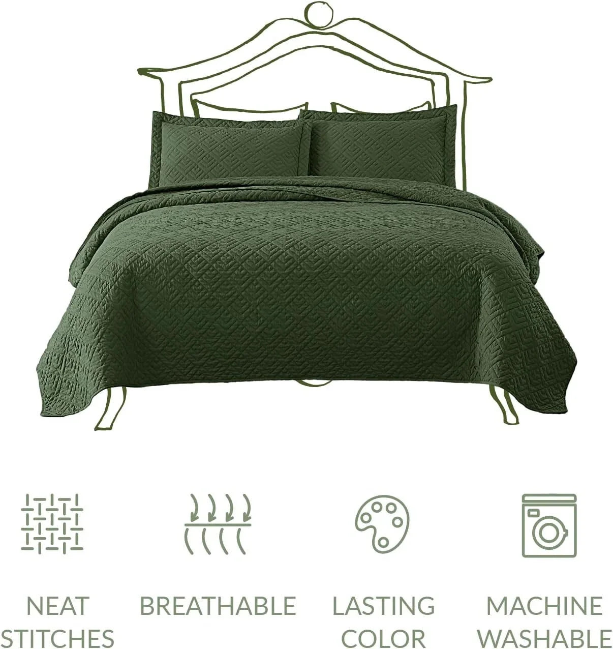 Home Quilt Set Full Queen Size Olive Green 3 Piece,Lightweight Soft Coverlet 07FC0E-D4 - KOEEK [3]