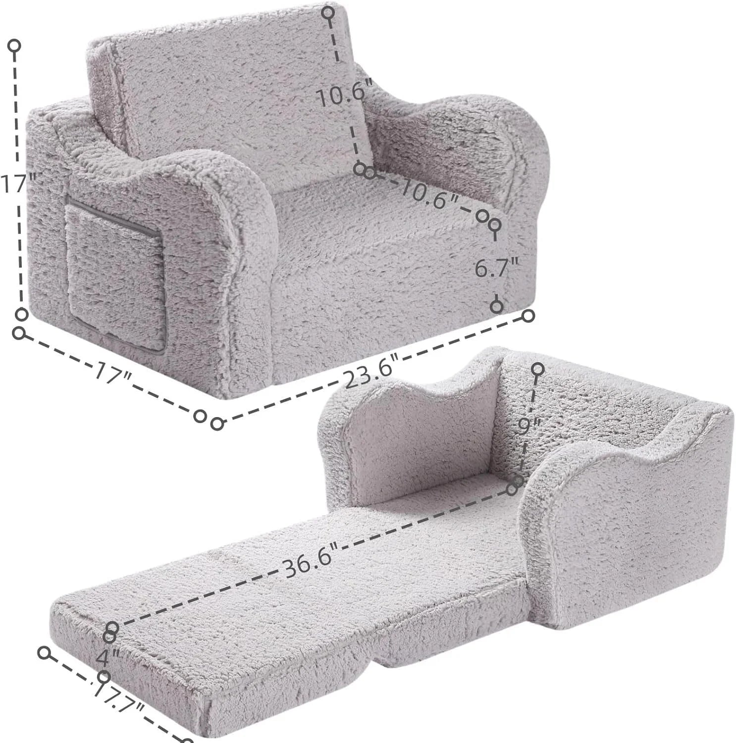 Kids Chairs for Toddler, 2-in-1 Toddler Soft Sherpa Couch Fold Out, Convertible 07FC0E-D4 - KOEEK [4]