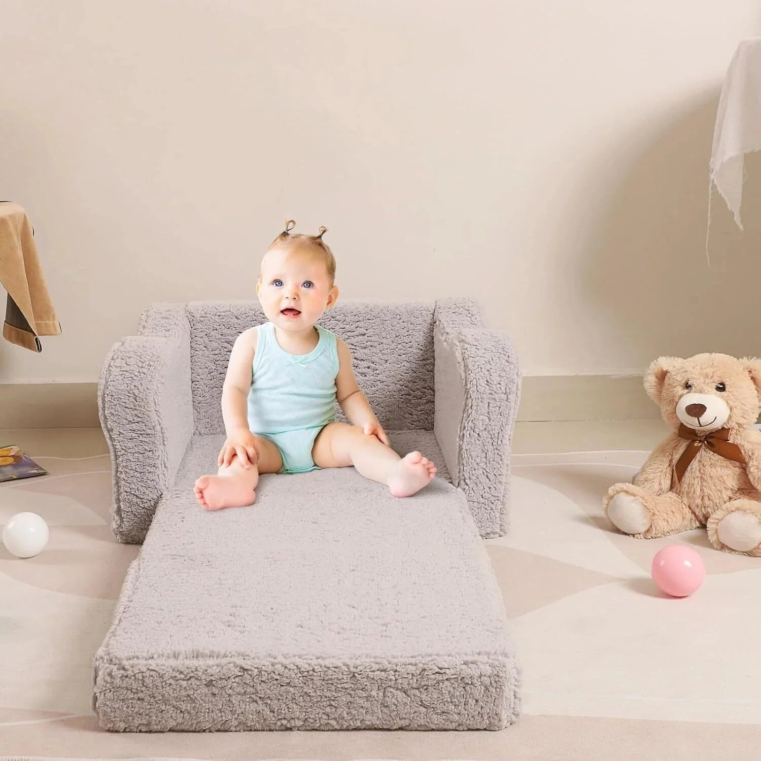 Kids Chairs for Toddler, 2-in-1 Toddler Soft Sherpa Couch Fold Out, Convertible 07FC0E-D4 - KOEEK [8]
