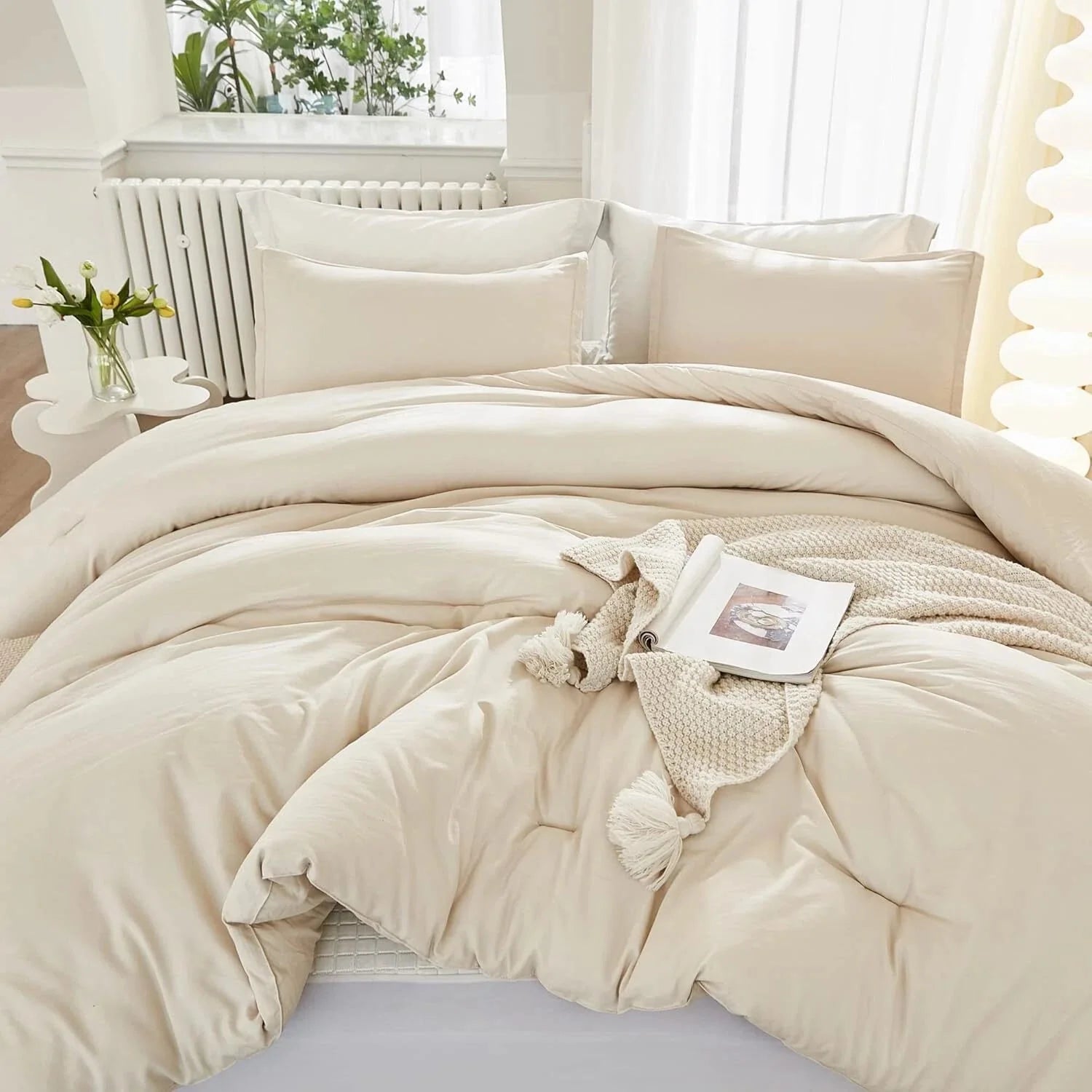 King Size Beige Comforter, 3-Piece Lightweight Bedding Comforter Set 07FC0E-D4 - KOEEK [2]