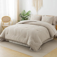 King with Shams Beige Comforter Set - 7 Piece Chevron Tufted Bedding Set 07FC0E-D4 - KOEEK [4]