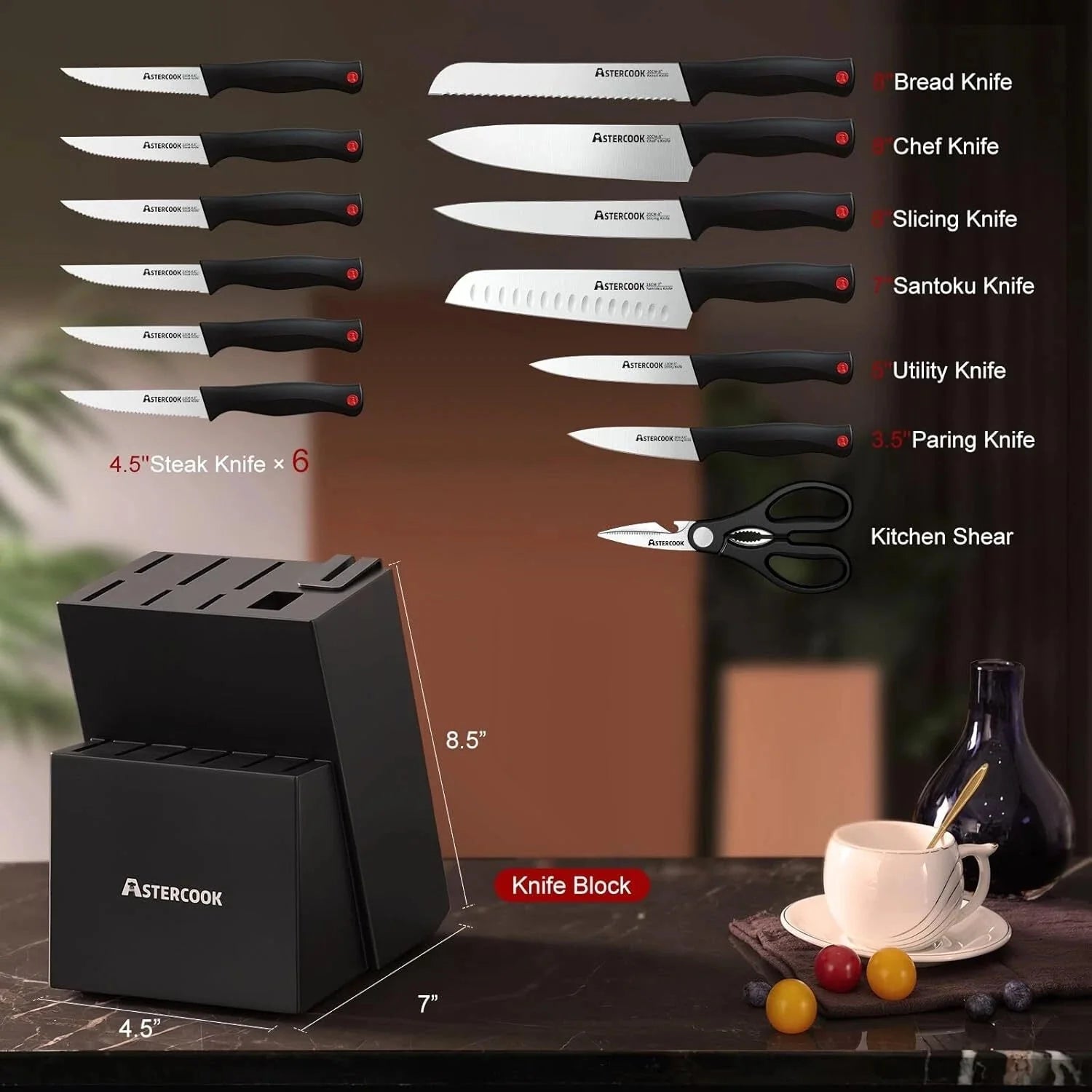 Knife Set, 15-Piece Kitchen Knife Set with Built-in Knife Sharpener 07FC0E-D4 - KOEEK [6]