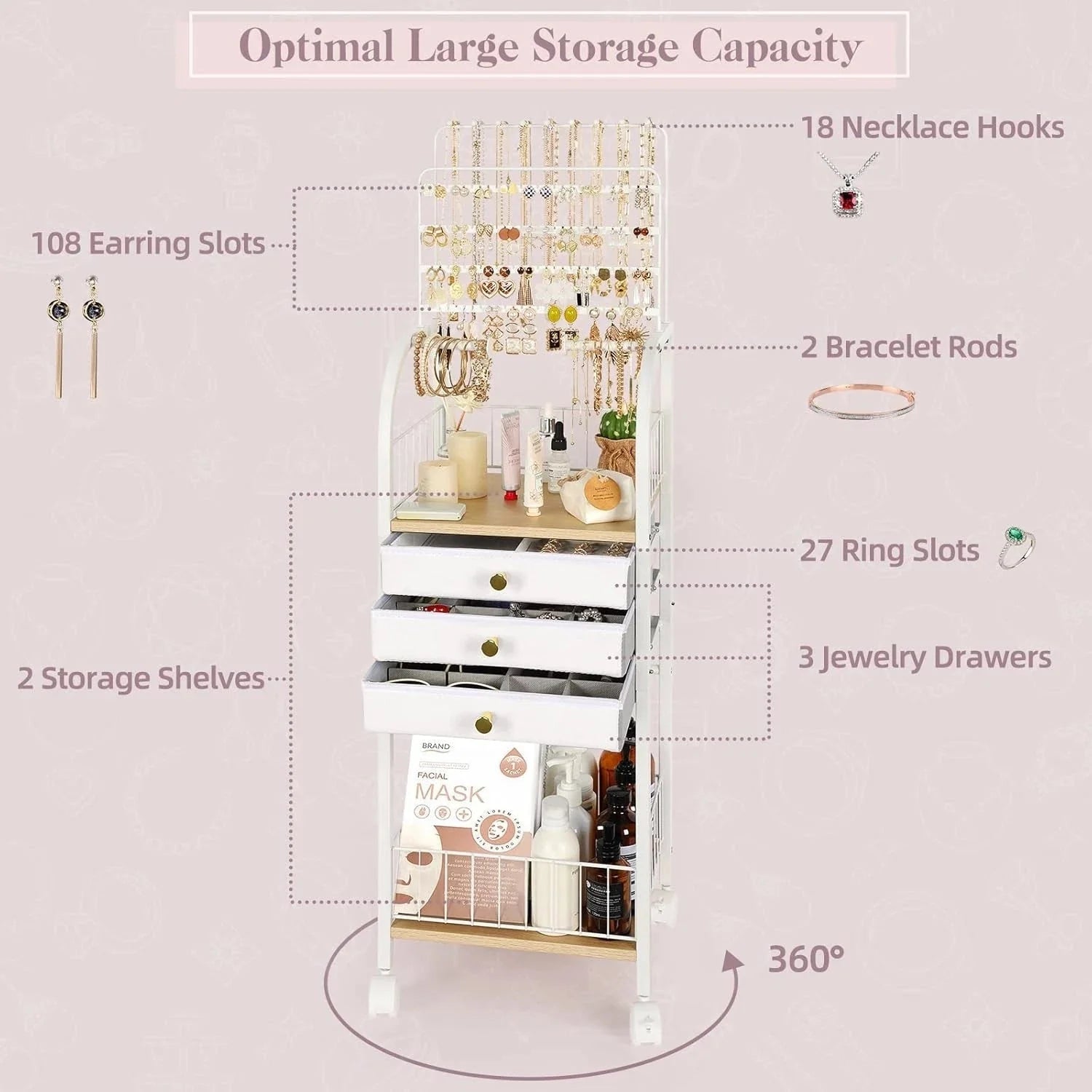 Large Jewelry Organizer Stand with 3 Box Drawer - Necklace Organizer Earring 07FC0E-D4 - KOEEK [6]