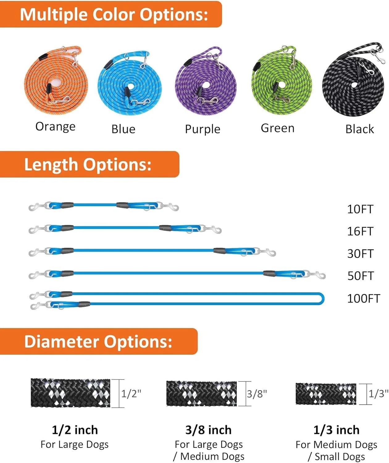 Long Dog Leash for Training 10FT/16FT/20FT/30FT/50FT/100FT, Reflective Tie Out 07FC0E-D4 - KOEEK [3]