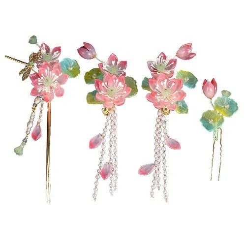 Lotus Buyao Tassel Hair Pin Set Chinese Style Updo Hair Accessory 07FC0E-D4 - KOEEK [4]