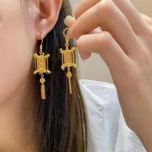 Lotus Lantern Earrings Gold Enamel Chinese Style Vintage Jewelry Gift 07FC0E-D4 - KOEEK [5]