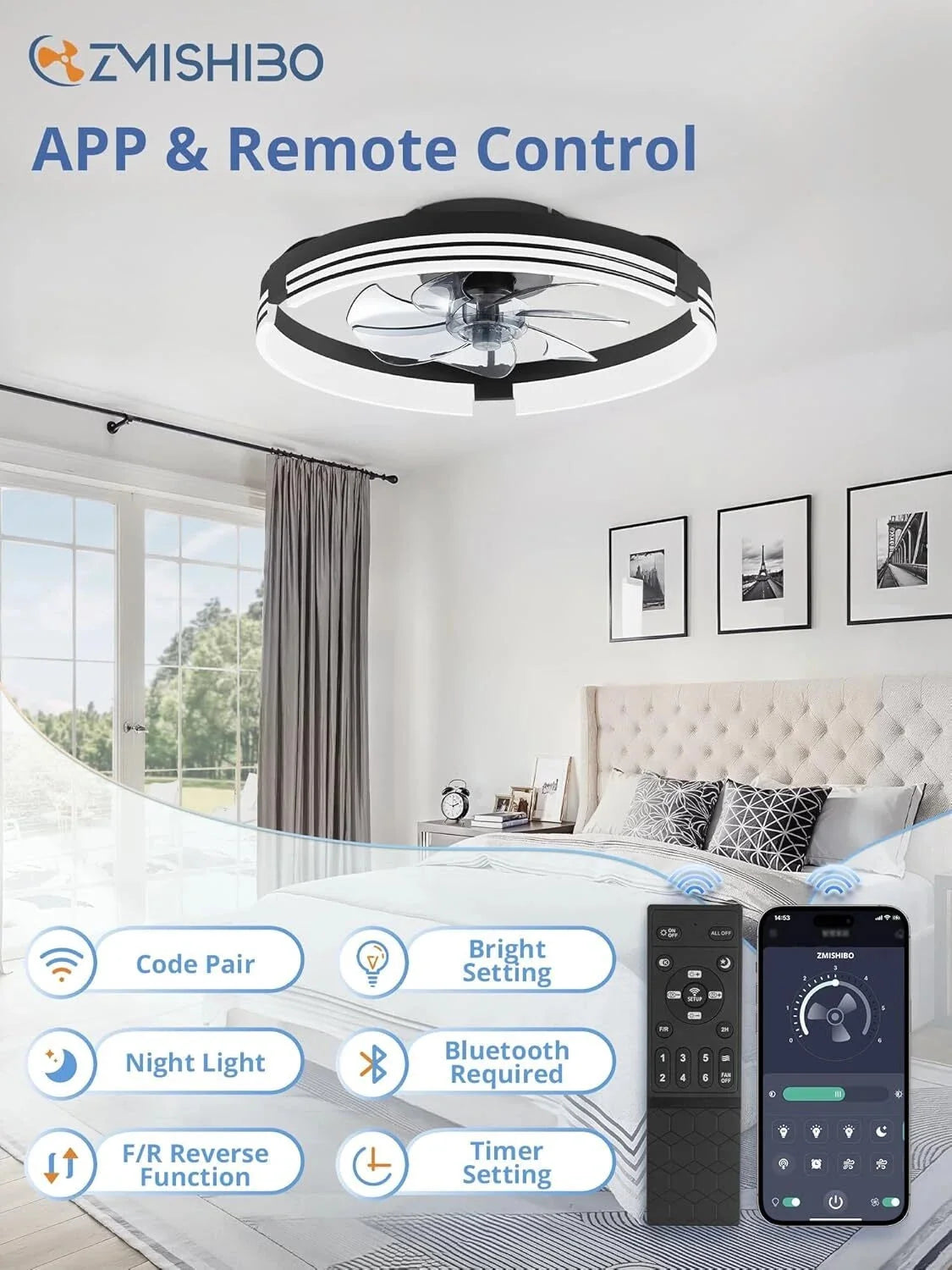 Low Profile Ceiling Fans with Lights and Remote, 20 Inch Flush Mount Ceiling Fan 07FC0E-D4 - KOEEK [5]