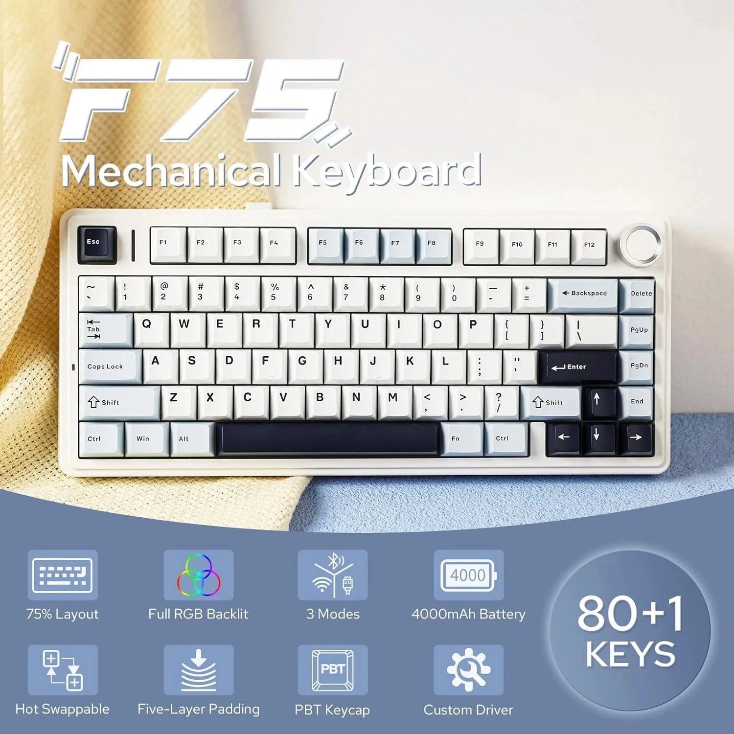 Mechanical Keyboard, 75% Wireless Hot Swap Gaming Keyboard 07FC0E-D4 - KOEEK [2]