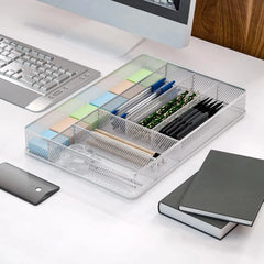 Mesh Utensil Tray, 6 Compartment Kitchen Silverware Rack Organizer, Silver 07FC0E-D4 - KOEEK [1]