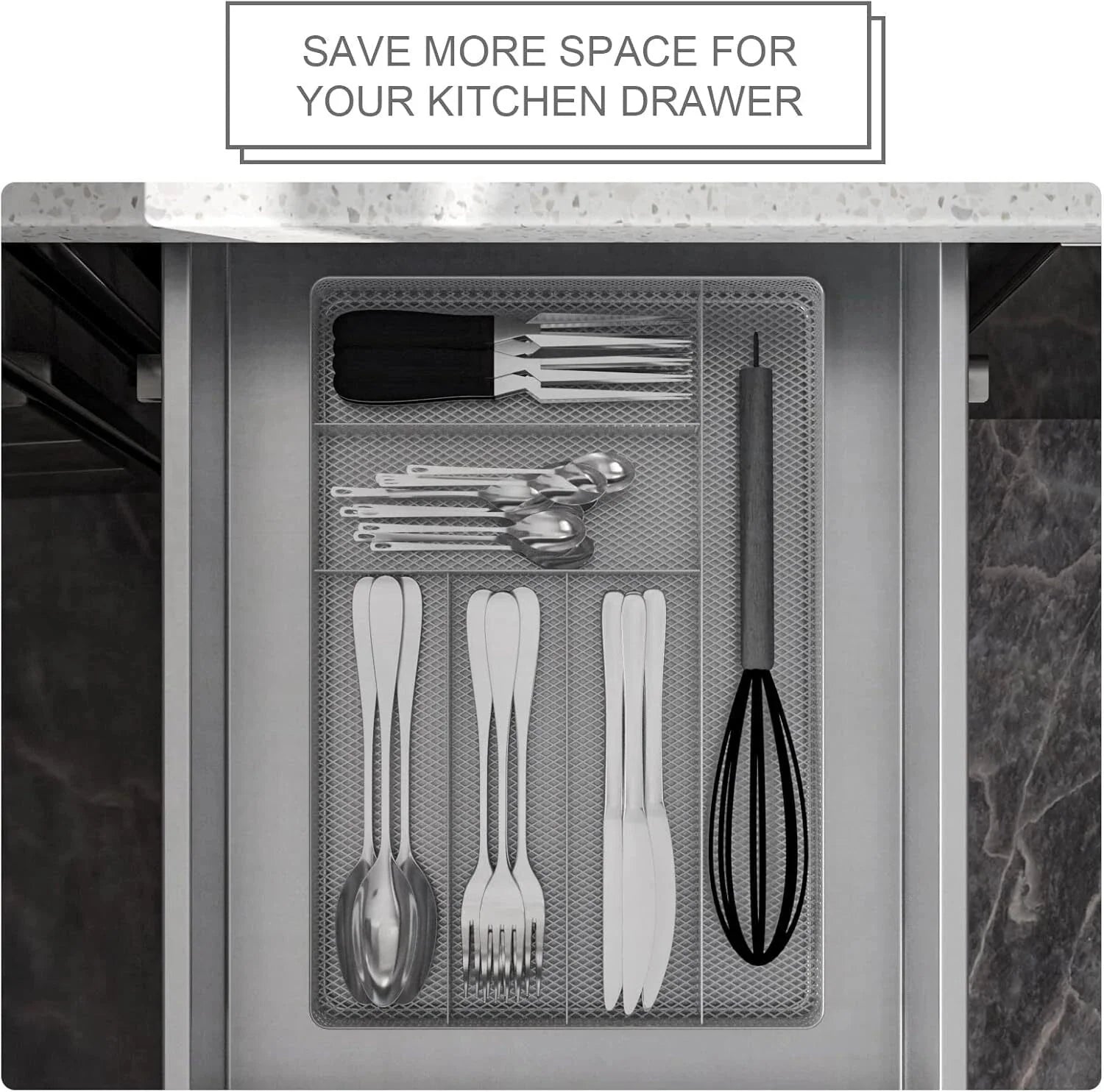 Mesh Utensil Tray, 6 Compartment Kitchen Silverware Rack Organizer, Silver 07FC0E-D4 - KOEEK [3]